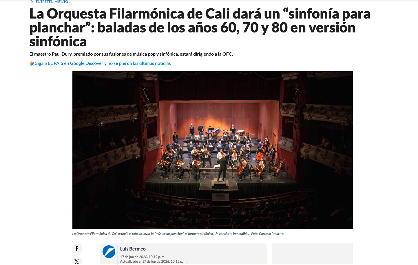 El pais: La Orquesta Filarmónica de Cali dará un “sinfonía para planchar”: baladas de los años 60, 70 y 80 en versión sinfónica